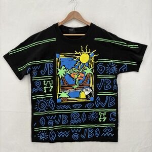 Vintage Jimmy Buffett Shirt Mens XL Black Giant All Over Print Frog Parrot 90s